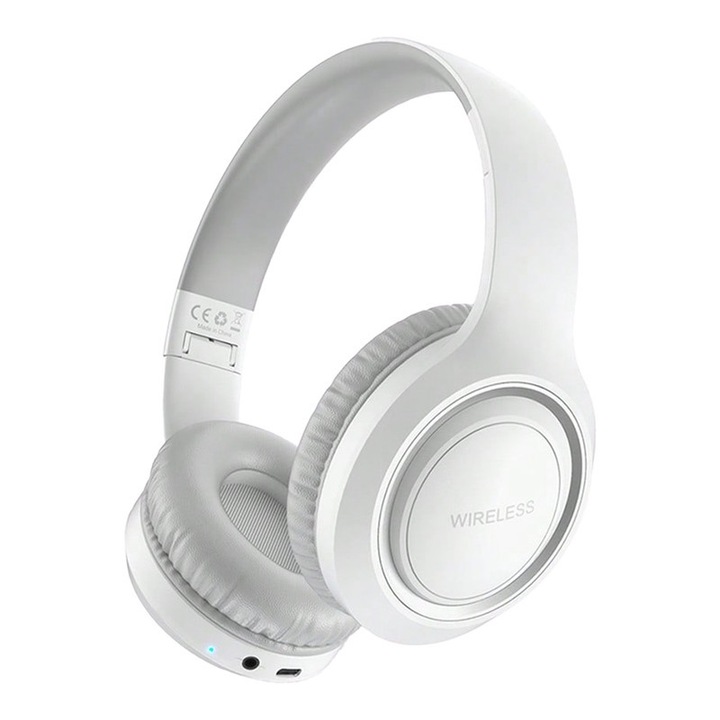 Casti Wireless Over-Ear Pliabile, Casti Bluetooth Pliabile pentru Fete si Copii, 3 Moduri: Wireless, Fir (Aux 3.5mm) si MP3 (Card TF), Sunet Stereo Hi-Fi cu Bas Puternic, Microfon Integrat, pentru Muzica, Scoala, Calatorii, Alb