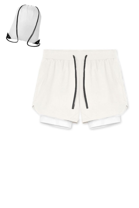 Set Pachet Pantaloni Scurti in Doua Straturi si Husa de Transport si Depozitare, Elastici si Respirabili, pentru Sala, Fitness sau Sport, Alb cu Negru, S, Unisex, PriStyle®