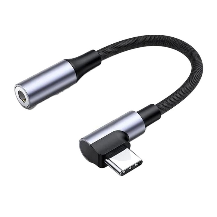 Adaptor Audio USB-C la Jack 3.5mm cu Unghi de 90 de Grade, Design Special pentru Gaming si Filme, Sunet Hi-Fi (Cip DAC), Cablu Impletit, Compatibil cu Samsung S25, Type-C Compatibil Android / iPad / iPhone 15/16 Pro, Laptopuri de Gaming, Gri