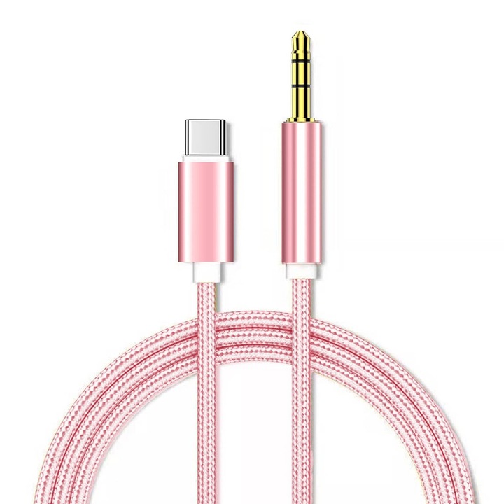 USB-C - 3,5 mm-es jack csatlakozóval ellátott AUX audiokábel (1 m), autóhoz vagy hangszórókhoz csatlakoztatható, Hi-Fi hangzás DAC chippel, tartós fonott kábel, Samsunghoz, fejhallgatóhoz, PC-hez, laptophoz, C típusú eszközökhöz, rózsaszín