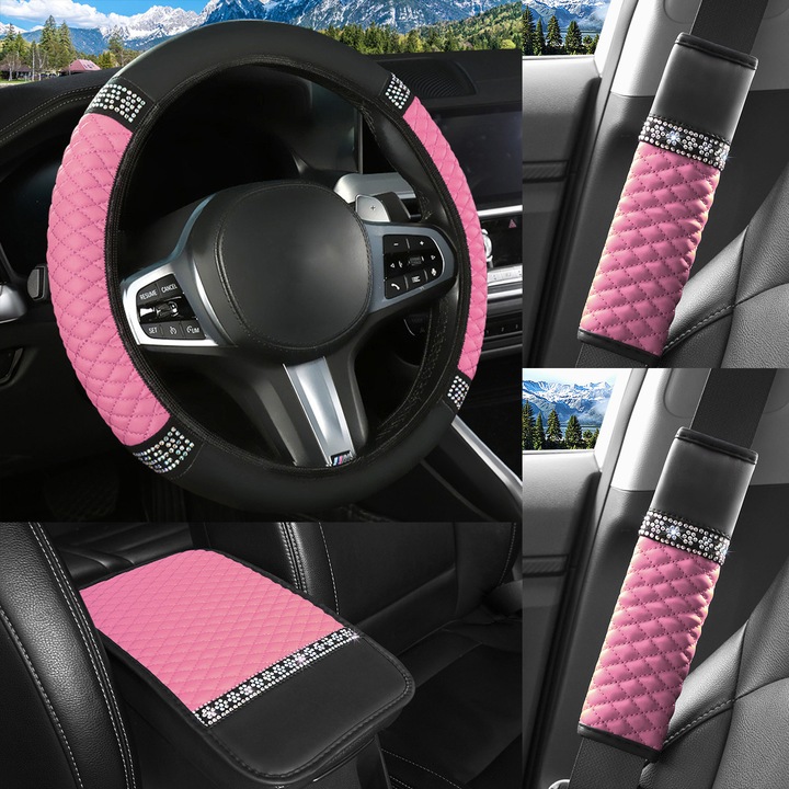 Set huse auto, 4 piese, volan, protectiiumeri, perna cotiera, PU, multicolor