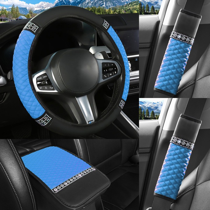 Комплект калъф за кола, 4 части, волан, протектори за раменете, възглавница за подлакътници, PU, многоцветен