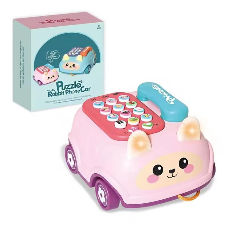 Telefon jucarie Smartcraft Rabbit Car, cu lumini si sunete, stil masina, pentru copii mici, Roz