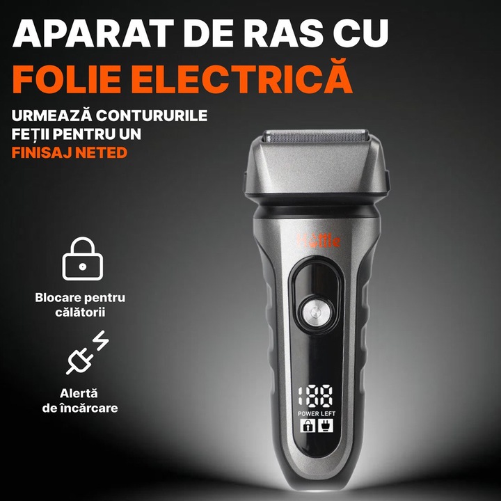Aparat de Ras si Barbierit Electric, Profesional, HOTTLE®, Motor 9000 RPM, Shaver cu 3 Lame Flotante, Type-C, Afisaj LCD, Autonomie 90 Min, Aparat Ras cu Utilizare Umed si Uscat, Wet & Dry, IPX7, Shaver Electric, Cap Magnetic, Aparat Ras Argintiu