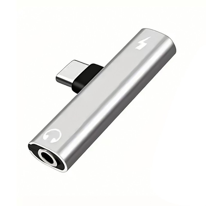 Жак и адаптер за зареждане 2 в 1 USB-C към 3.5 мм, слушане на музика и едновременно зареждане, поддръжка на PD бързо зареждане и Hi-Fi звук, съвместим със Samsung S25/S24, iPad Pro, Pixel 9, идеален за игри и филми, Сребрист