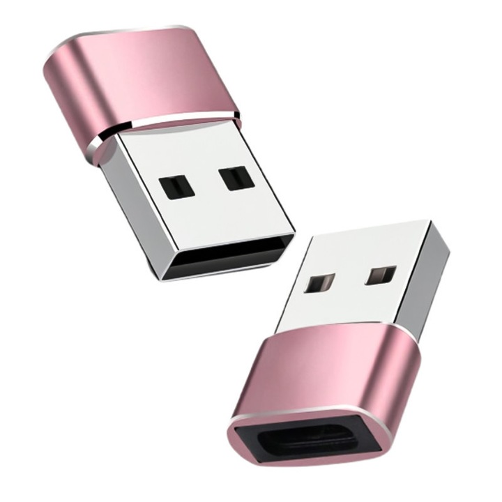 2 db-os USB-C (anya) - USB-A (apa) adapter készlet, Type-C átalakító régi típusú portokhoz, alumínium, gyors töltéshez és adatátvitelhez, kompatibilis iPhone 16/15, Samsung S25/S24 készülékekkel, laptoppal és más USB Type-C eszközökkel, rózsaszín