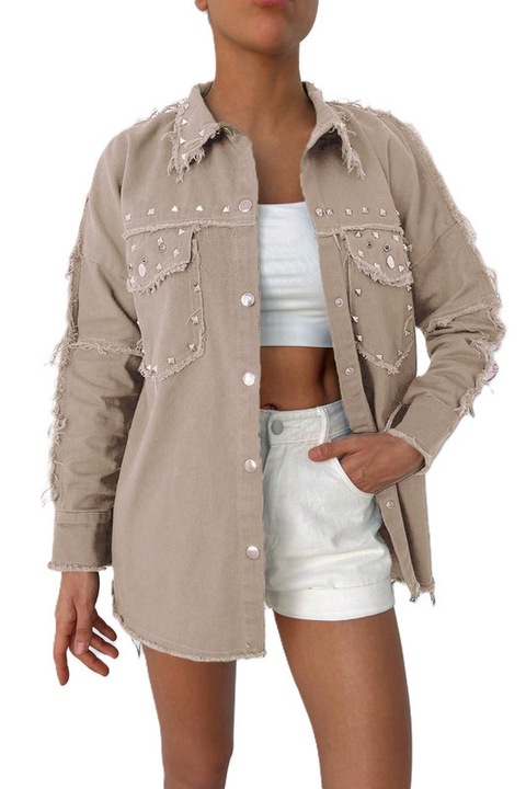 Jacheta Dama, Din Denim Cu Strasuri Si Tiv Nefinisat, Crem