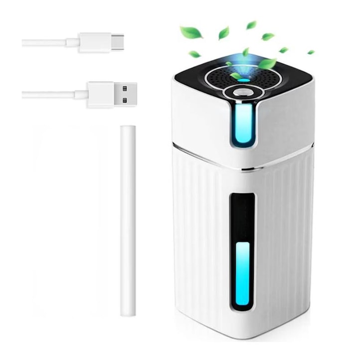 Ultrahangos légpárásító aromaterápiás diffúzorral otthonra, irodába és autóba, fehér