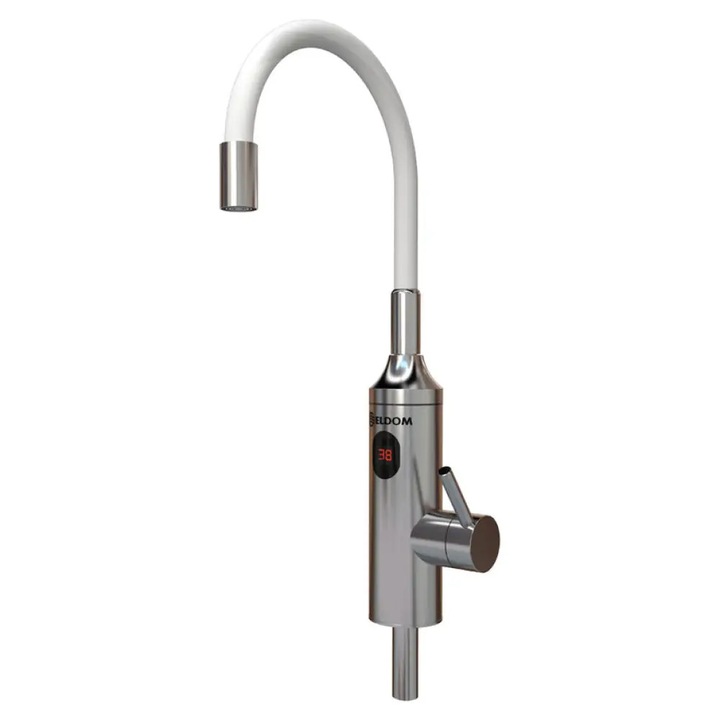 Robinet instant, apa calda, Eldom E33, 3300W, inox periat, afisaj LCD, pe chiuveta, clasa A, pipa flexibila alba