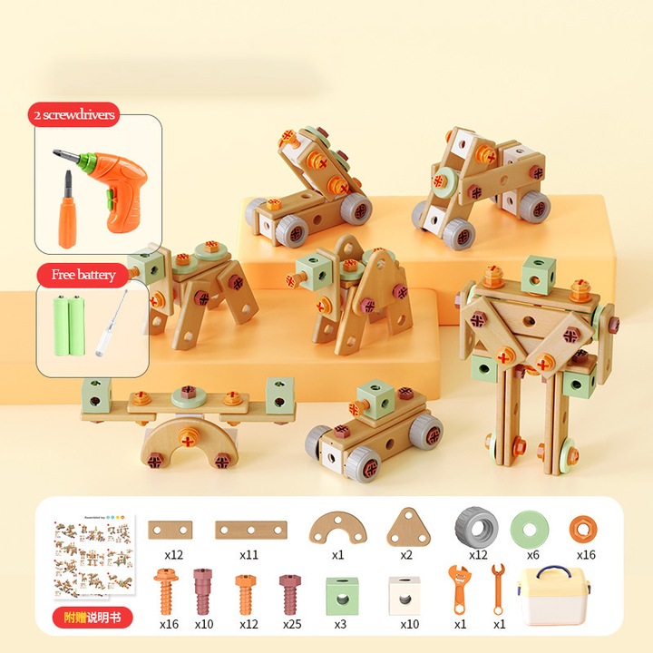 Set de unelte pentru copii 144 buc, BHW, cu trusa de transport, Include burghiu electric, Seturi de constructie, multicolor, pentru 3-6 ani