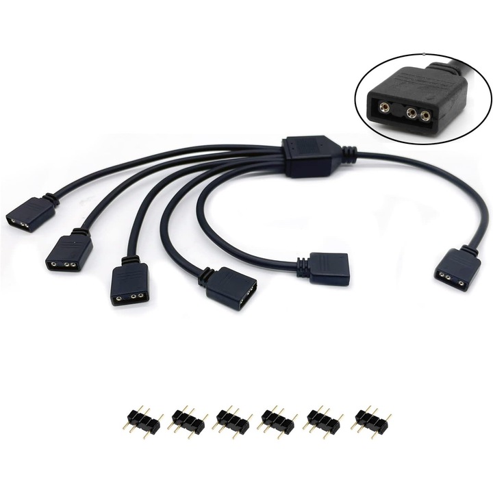 Cablu Splitter ARGB 1-la-5, 5V, 3 Pini, Negru, 30cm (Set de 2)