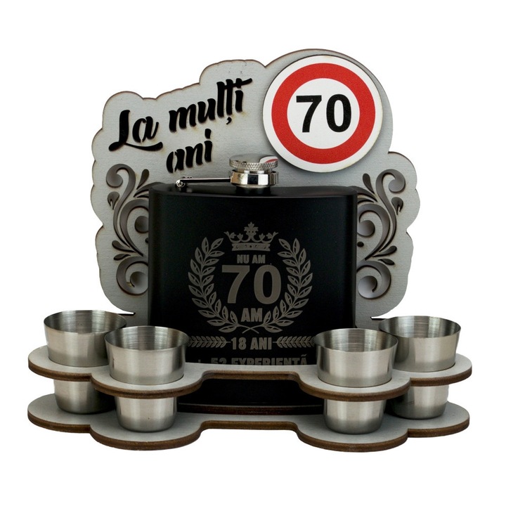 Set plosca cu 4 pahare din inox, 70 de ani - La multi ani!, 20 x 7 x 16 cm, OnemisFlot