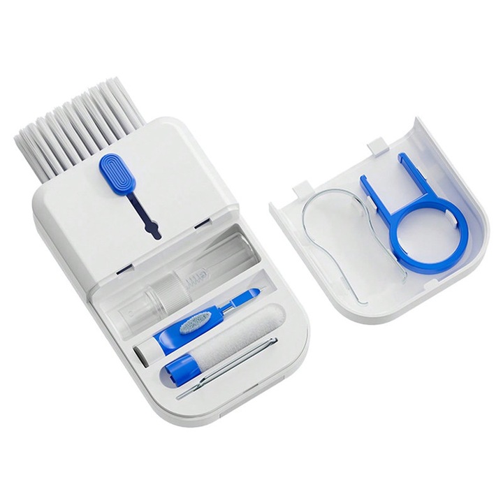 Set de curatare 11 in 1, SuooTci, pentru tastaturi si electronice, include pensula, spray, carpa microfibra, compact