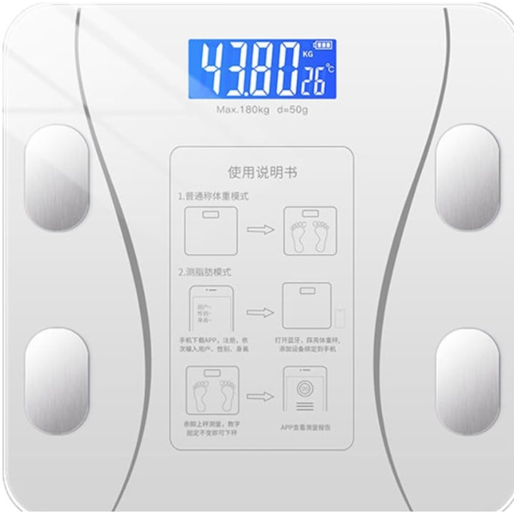 Cantar electronic inteligent Bluetooth si afisaj LCD, suporta o greutate de 180 kg, design ultra subtire, aplicatie mobila, culoare ALB