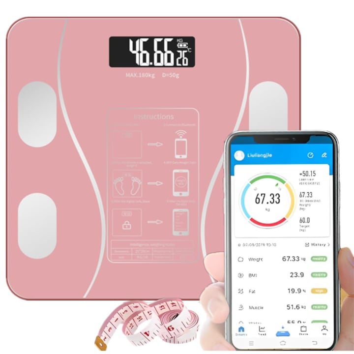 Cantar electronic inteligent Bluetooth si afisaj LCD, suporta o greutate de 180 kg, design ultra subtire, aplicatie mobila, culoare ROZ
