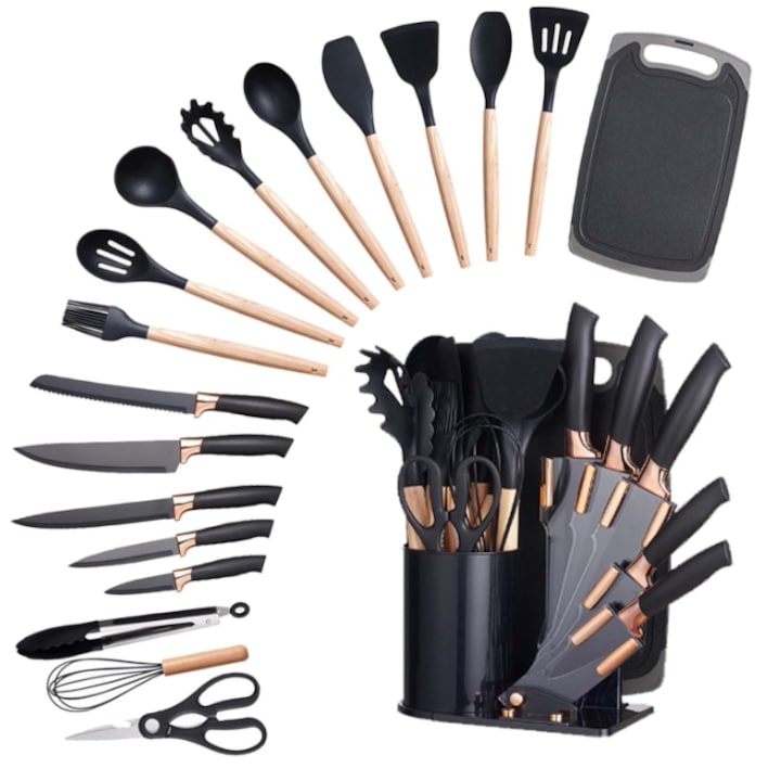 Set de cutite din otel inoxidabil, include ustensile de gatit din silicon in suport 19 piese, Negru