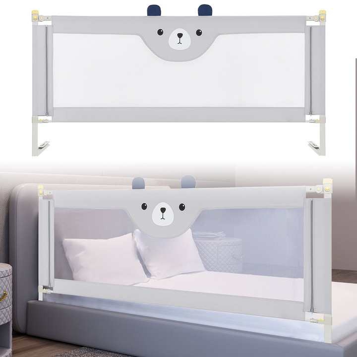 Предпазна преграда за легло, Caravaan®, сгъваема, метална рамка, покрита с плат Оксфорд, дължина 180 см, регулируема височина 68-93 см, 2-5 години, сива