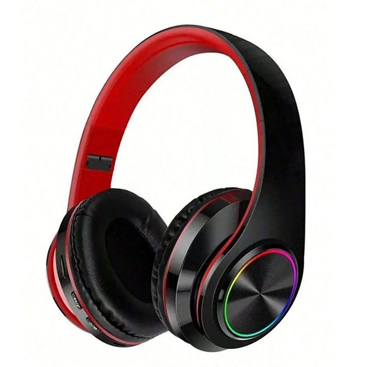 Vezeték nélküli over-ear gamer fejhallgató, RGB LED világítás, kettős üzemmód Bluetooth/vezetékes (3,5 mm-es jack), Hi-Fi sztereó hangzás erős basszussal, beépített mikrofon, összecsukható, PC-hez, laptophoz, telefonhoz, felnőtteknek és gyerekeknek, piros