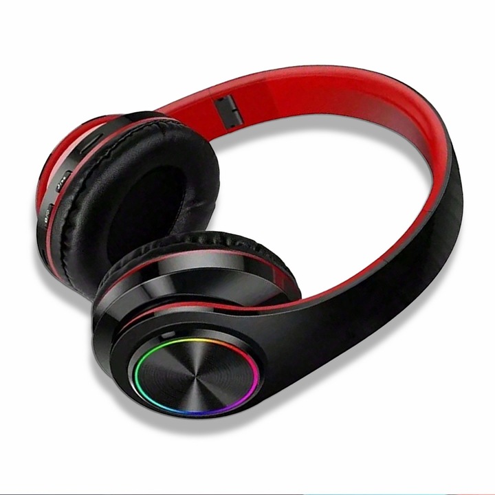 Безжични слушалки за гейминг, SuooTci, с RGB LED светлини, двоен режим Bluetooth/кабел (3.5 мм жак), Hi-Fi стерео звук със силен бас, вграден микрофон, сгъваеми, за компютър, лаптоп, телефон, за възрастни и деца, червени