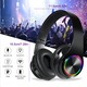 Безжични геймърски слушалки с RGB LED светлини, двоен режим Bluetooth/кабел (3,5 мм жак), Hi-Fi стерео звук със силен бас, вграден микрофон, сгъваеми, за компютър, лаптоп, телефон, за възрастни и деца, черни