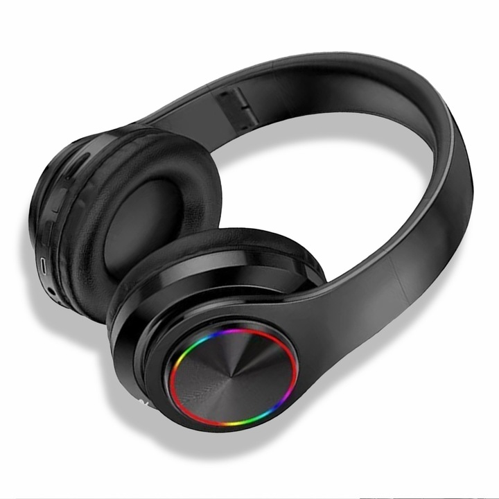 Безжични геймърски слушалки с RGB LED светлини, двоен режим Bluetooth/кабел (3,5 мм жак), Hi-Fi стерео звук със силен бас, вграден микрофон, сгъваеми, за компютър, лаптоп, телефон, за възрастни и деца, черни