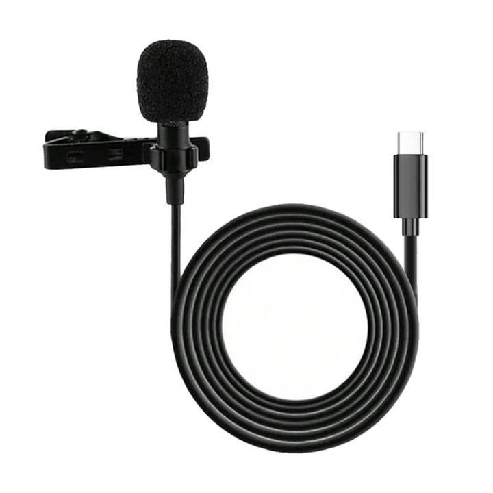 Microfon Lavaliera Profesional cu Clip (USB C), pentru Vlogging, Streaming, Podcast, Inregistrari, Apeluri Video, Conferinte Zoom, Gaming, Nu Necesita Baterie, Condensator Omnidirectional pentru Voce Clara, Compatibil cu Smartphone, PC, Laptop, Negru