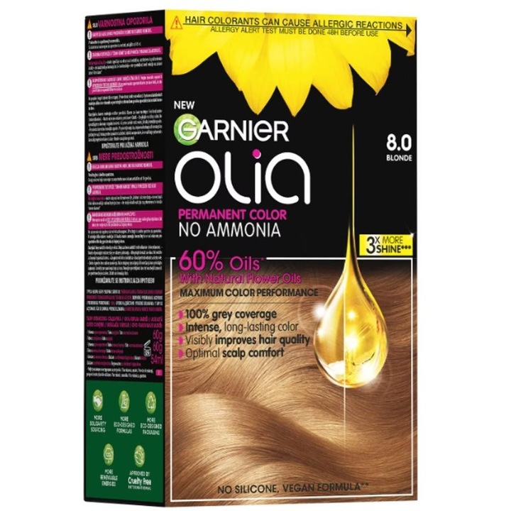 Set 2 x Vopsea de Par Permanenta fara Amoniac Garnier Olia 8.0 Blonde, 174 ml