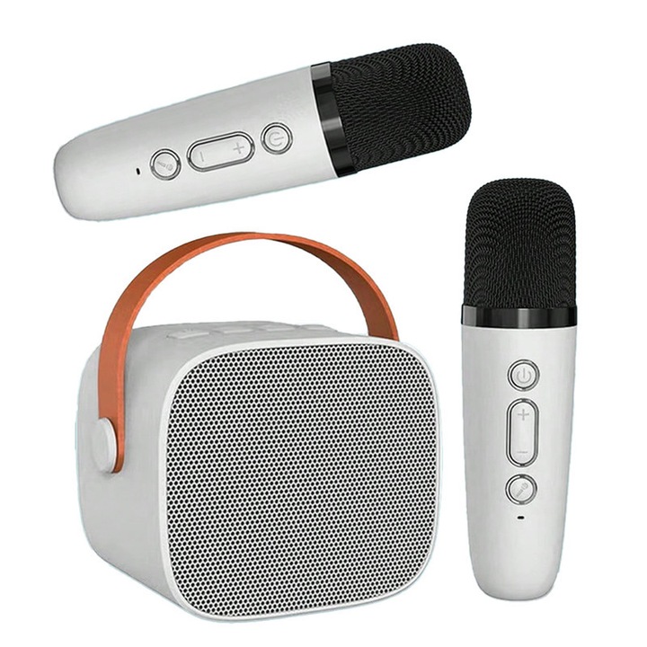 Комплект за караоке, SuooTci, високоговорител/2 микрофона, бял