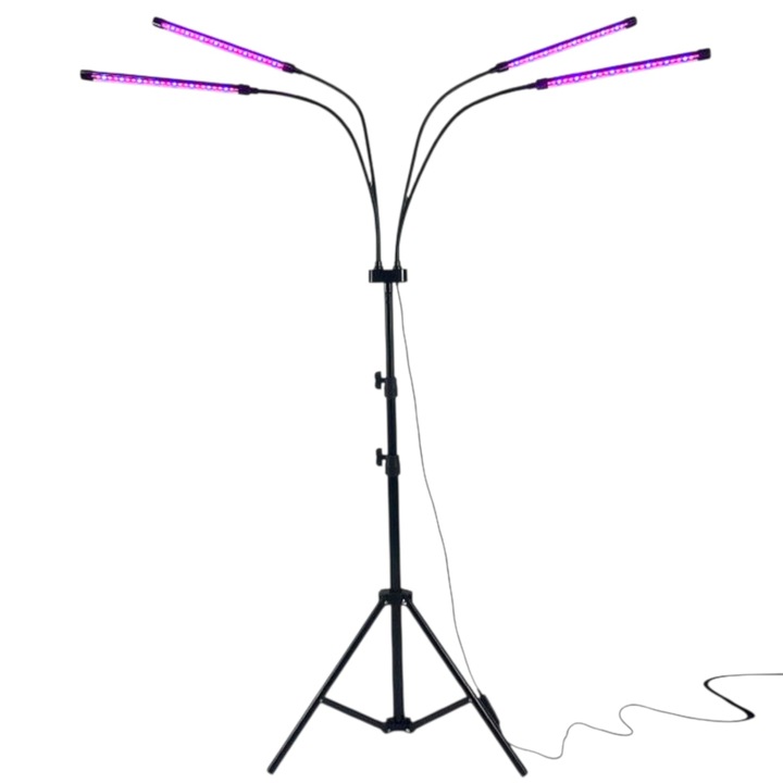 Lampa cu lumina Ultra-Violet pentru cresterea plantelor cu 4 capete, 30W, 108 LED-uri, Picior Ajustabil pana la 2 m, Lumina Violet