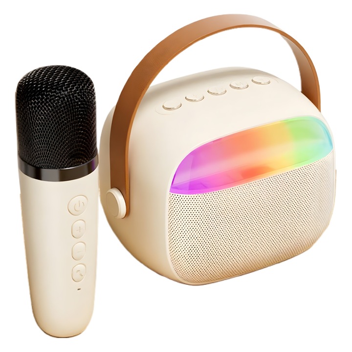 Set Sistem Karaoke Portabil cu 1 Microfoane Wireless, Boxa cu Lumini RGB, Schimbator de Voce si Bas Puternic, Conectivitate Bluetooth/USB/Card TF/AUX, pentru Petreceri, Copii, Acasa si Gradina, Cadou pentru Zile de Nastere si Craciun，Crem