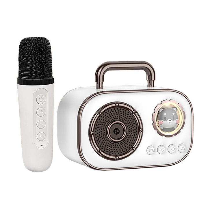 Set Boxa Bluetooth 5.3 Karaoke Cu 1 Microfoane Wireless, Pentru Adulti si Copii, Schimbator de Voce si Bas Puternic, Sunet Stereo 3D, 4 Efecte Vocale, MicroSD Card, Type-C, Aux, pentru Petreceri, Spectacole, Copii, pentru Zile de Nastere si Craciun, Alb