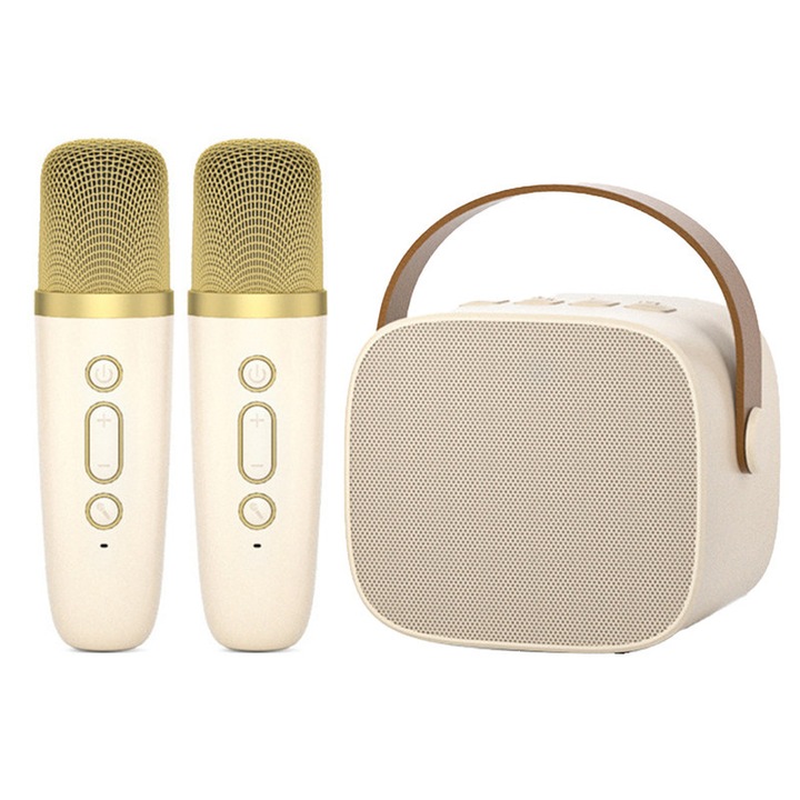 Комплект за караоке, SuooTci, тонколона и 2 микрофона, кремав