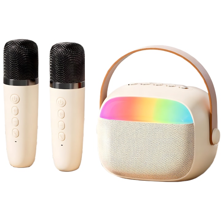 Set Sistem Karaoke Portabil cu 2 Microfoane Wireless, Boxa cu Lumini RGB, Schimbator de Voce si Bas Puternic, Conectivitate Bluetooth/USB/Card TF/AUX, pentru Petreceri, Copii, Acasa si Gradina, Cadou pentru Zile de Nastere si Craciun, Crem