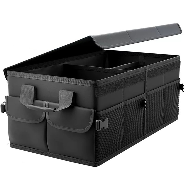 Összecsukható bőröndrendező, 7 rekesszel, fekete, 60x35x25cm