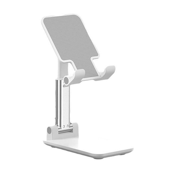 Настолна стойка за телефон и таблет, сгъваема, регулируема по височина и ъгъл, въртяща се, стабилна основа и противоплъзгащи подложки, съвместима с iPhone, iPad, Samsung Nintendo Switch, бяла