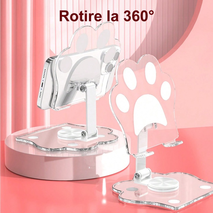 Összecsukható telefontartó imádnivaló macskamancs mintával, állítható magasságú és szögű, aranyos asztali kiegészítő lányoknak, kompatibilis kis telefonokkal és táblagépekkel, kicsi, fehér