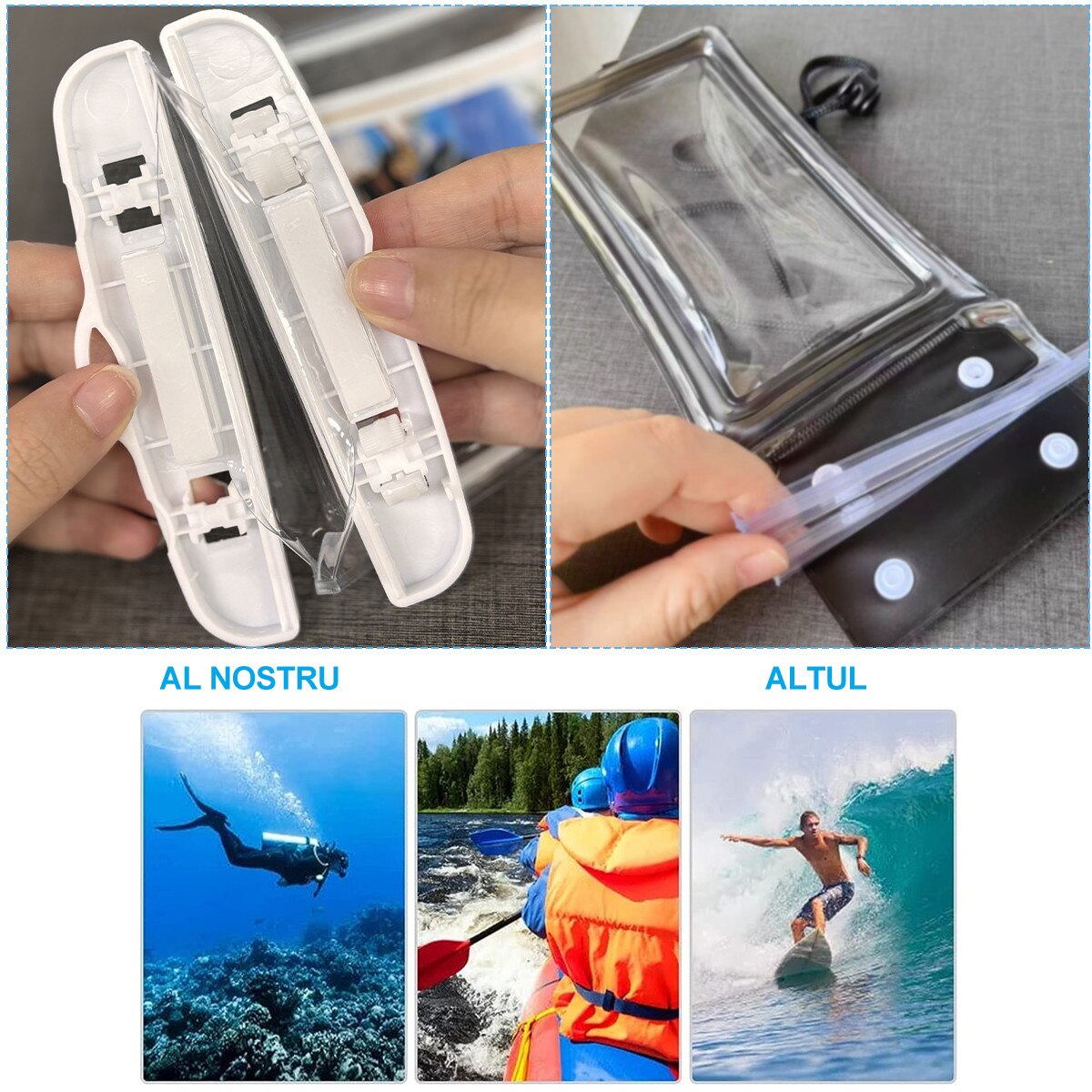 Husa Waterproof Universala Set Cuplu/Familie IPX7, Rezistenta la Apa Adanca 30m, Structura Rigida cu Canale Laterale, Pentru iPhone 15 Pro Max, Samsung Galaxy S24 Ultra, Huawei P60 Pro, Activitati Acvatice si Outdoor, 17.8×11cm, Alb