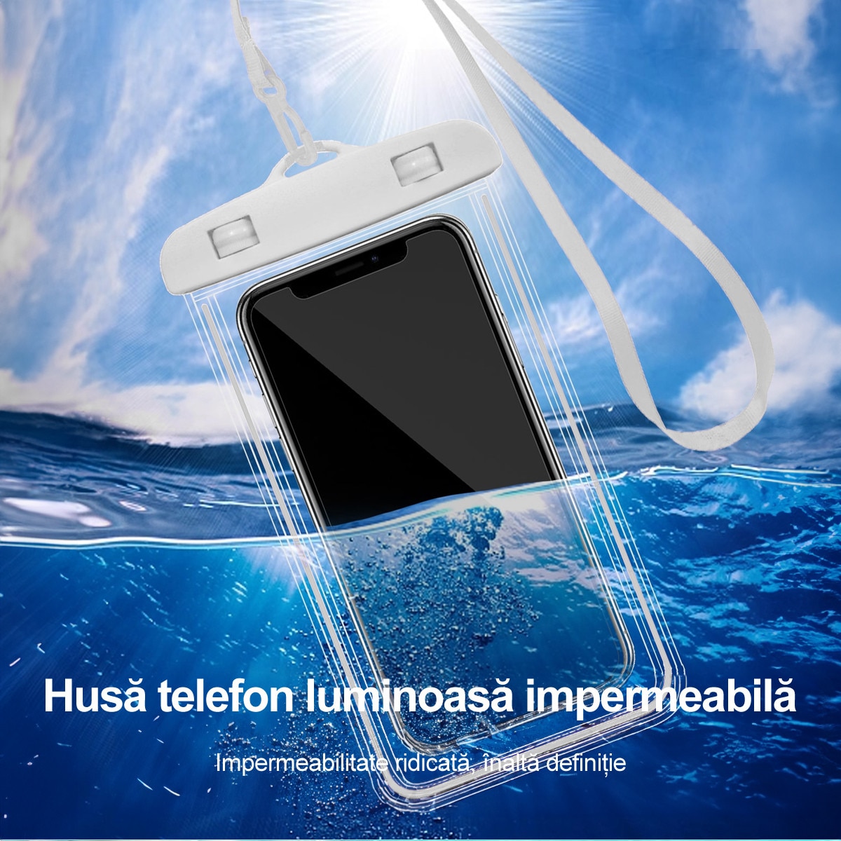 Husa Waterproof Universala Set Cuplu/Familie IPX7, Rezistenta la Apa Adanca 30m, Structura Rigida cu Canale Laterale, Pentru iPhone 15 Pro Max, Samsung Galaxy S24 Ultra, Huawei P60 Pro, Activitati Acvatice si Outdoor, 17.8×11cm, Alb