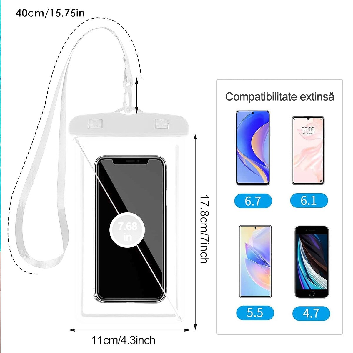 Husa Waterproof Universala Set Cuplu/Familie IPX7, Rezistenta la Apa Adanca 30m, Structura Rigida cu Canale Laterale, Pentru iPhone 15 Pro Max, Samsung Galaxy S24 Ultra, Huawei P60 Pro, Activitati Acvatice si Outdoor, 17.8×11cm, Alb