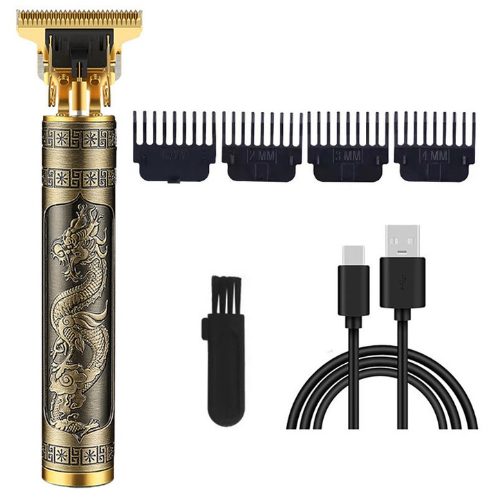 Ретро машинка за подстригване с дракон, 5W, с батерия, USB зареждане, за стилизиране, черна