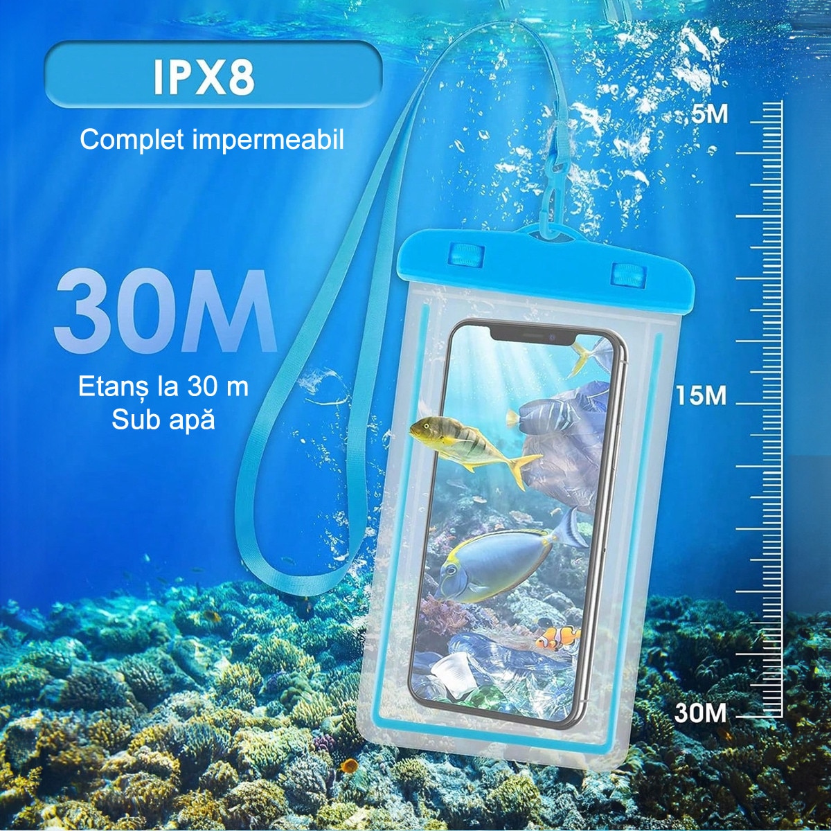 Husa Waterproof Universala Set Cuplu/Familie IPX7, Rezistenta la Apa Adanca 30m, Structura Rigida cu Canale Laterale, Pentru iPhone 15 Pro Max, Samsung Galaxy S24 Ultra, Huawei P60 Pro, Activitati Acvatice si Outdoor, 17.8×11cm, Albastru