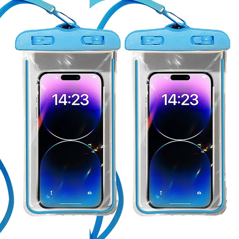 Husa Waterproof Universala Set Cuplu/Familie IPX7, Rezistenta la Apa Adanca 30m, Structura Rigida cu Canale Laterale, Pentru iPhone 15 Pro Max, Samsung Galaxy S24 Ultra, Huawei P60 Pro, Activitati Acvatice si Outdoor, 17.8×11cm, Albastru
