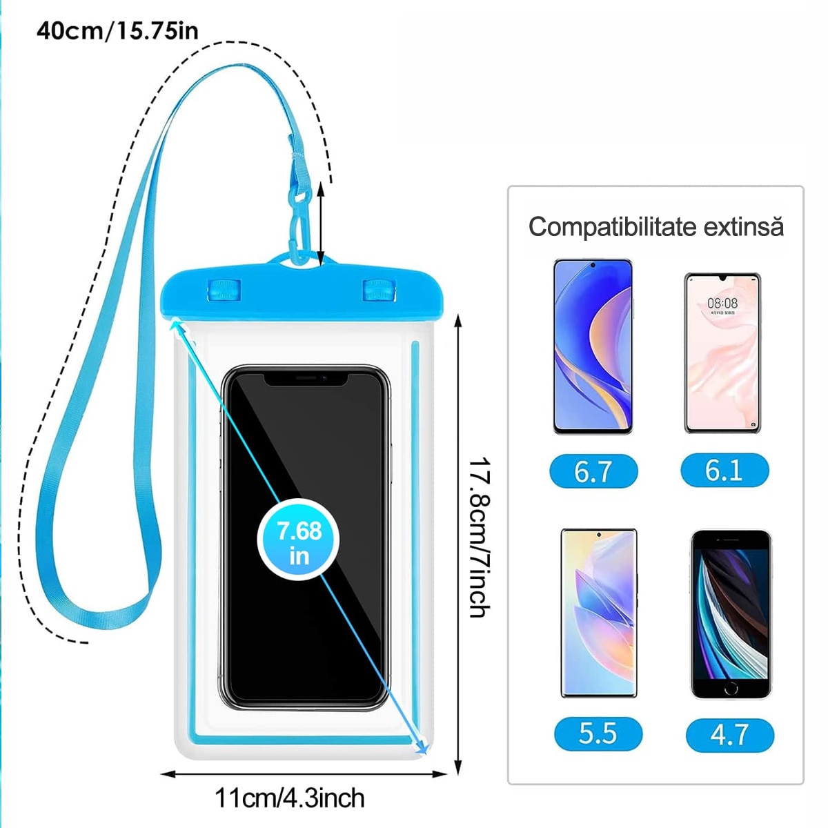 Husa Waterproof Universala Set Cuplu/Familie IPX7, Rezistenta la Apa Adanca 30m, Structura Rigida cu Canale Laterale, Pentru iPhone 15 Pro Max, Samsung Galaxy S24 Ultra, Huawei P60 Pro, Activitati Acvatice si Outdoor, 17.8×11cm, Albastru