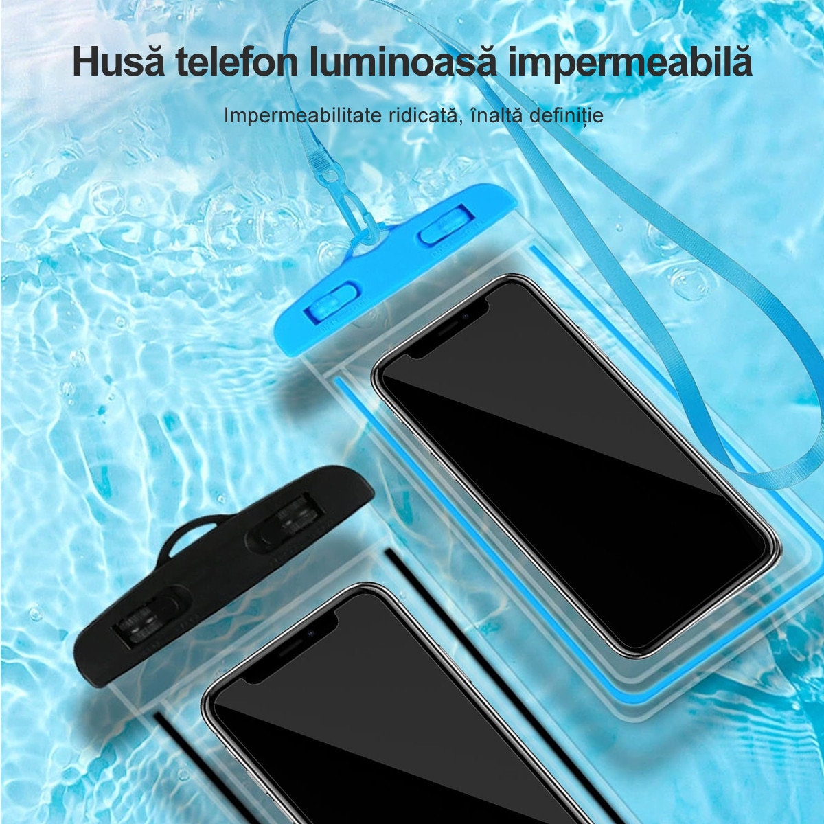 Husa Waterproof Universala Set Cuplu/Familie IPX7, Rezistenta la Apa Adanca 30m, Structura Rigida cu Canale Laterale, Pentru iPhone 15 Pro Max, Samsung Galaxy S24 Ultra, Huawei P60 Pro, Activitati Acvatice si Outdoor, 17.8×11cm, Albastru