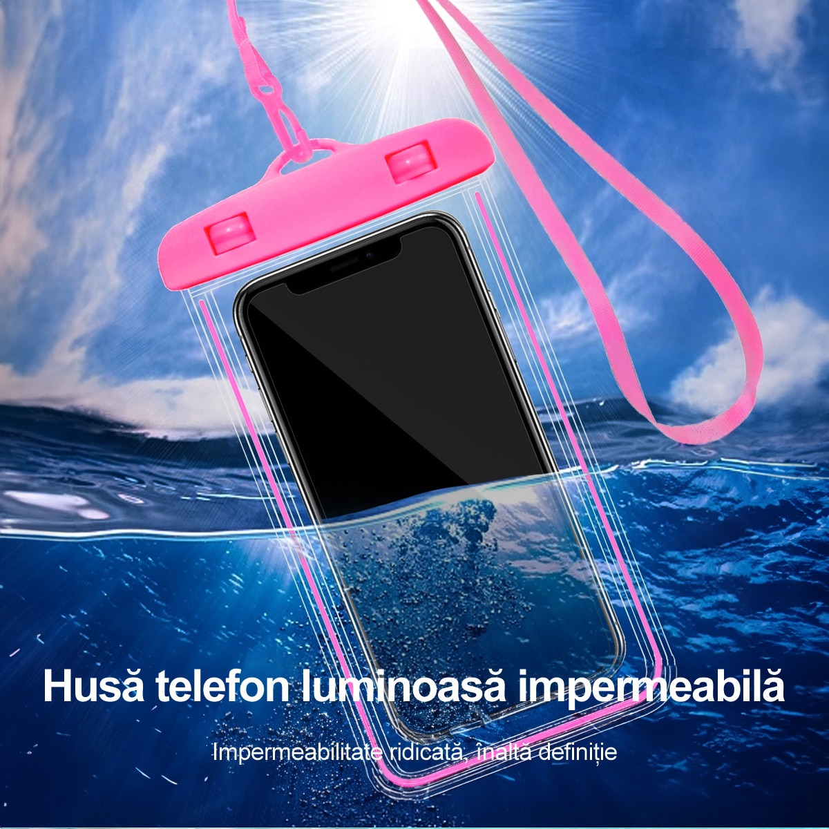 Husa Waterproof Universala Set Cuplu/Familie IPX7, Rezistenta la Apa Adanca 30m, Structura Rigida cu Canale Laterale, Pentru iPhone 15 Pro Max, Samsung Galaxy S24 Ultra, Huawei P60 Pro, Activitati Acvatice si Outdoor, 17.8×11cm, Roz