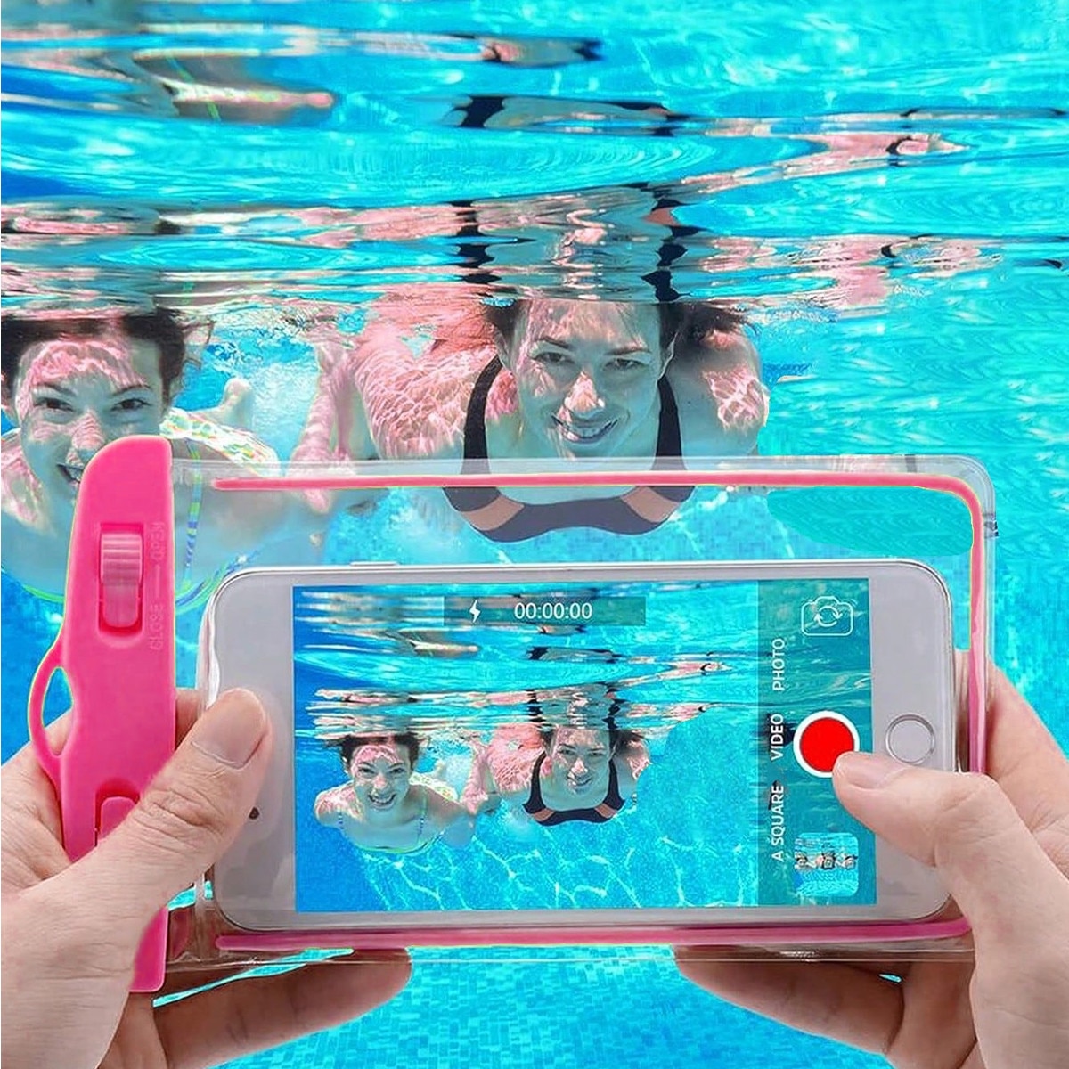 Husa Waterproof Universala Set Cuplu/Familie IPX7, Rezistenta la Apa Adanca 30m, Structura Rigida cu Canale Laterale, Pentru iPhone 15 Pro Max, Samsung Galaxy S24 Ultra, Huawei P60 Pro, Activitati Acvatice si Outdoor, 17.8×11cm, Roz