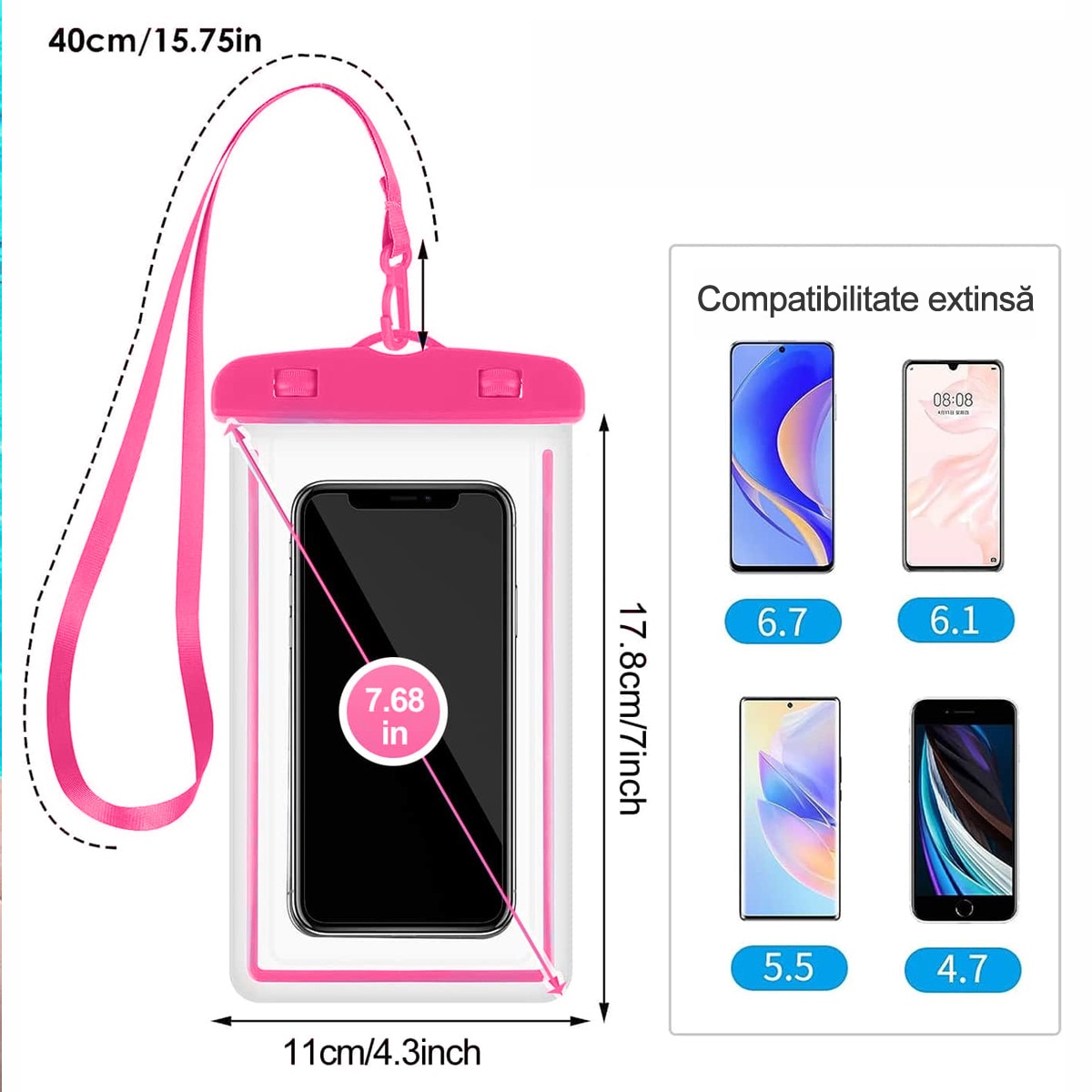 Husa Waterproof Universala Set Cuplu/Familie IPX7, Rezistenta la Apa Adanca 30m, Structura Rigida cu Canale Laterale, Pentru iPhone 15 Pro Max, Samsung Galaxy S24 Ultra, Huawei P60 Pro, Activitati Acvatice si Outdoor, 17.8×11cm, Roz
