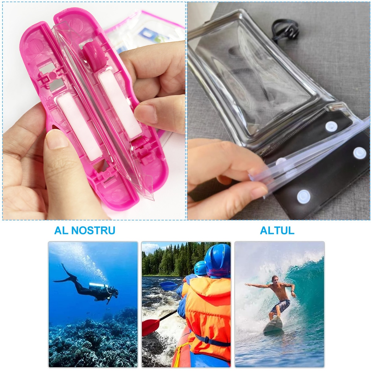 Husa Waterproof Universala Set Cuplu/Familie IPX7, Rezistenta la Apa Adanca 30m, Structura Rigida cu Canale Laterale, Pentru iPhone 15 Pro Max, Samsung Galaxy S24 Ultra, Huawei P60 Pro, Activitati Acvatice si Outdoor, 17.8×11cm, Roz