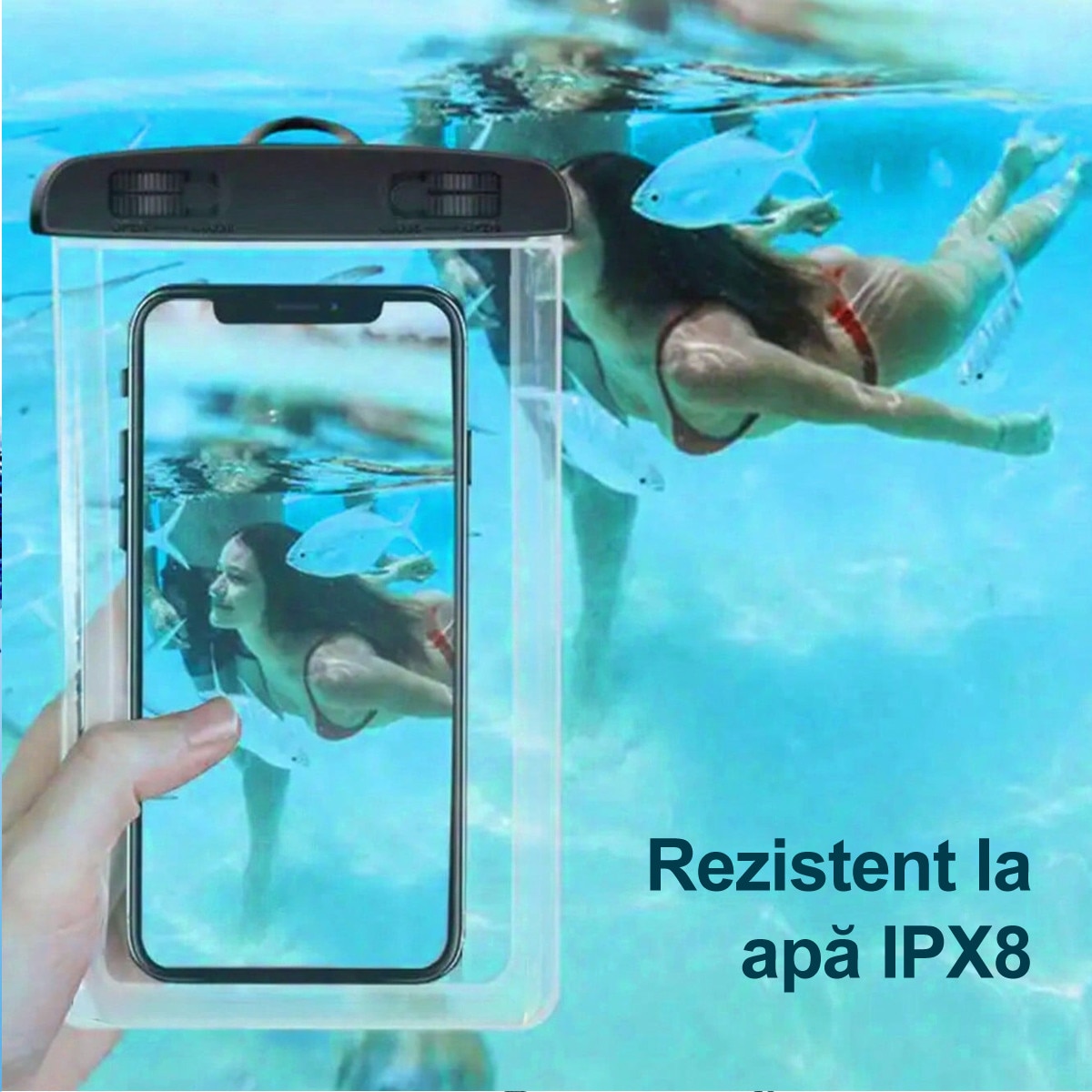 Set 2 Husa Impermeabila subacvatica Universala pentru Telefon (pana la 7 inch), Certificare IPX8, Protectie Subacvatica, Ecran Tactil Sensibil, Snur Inclus, Plaja/Piscina/Sporturi Acvatice, Protectie Apa/Nisip/Praf, Compatibila iPhone/Samsung, Negru