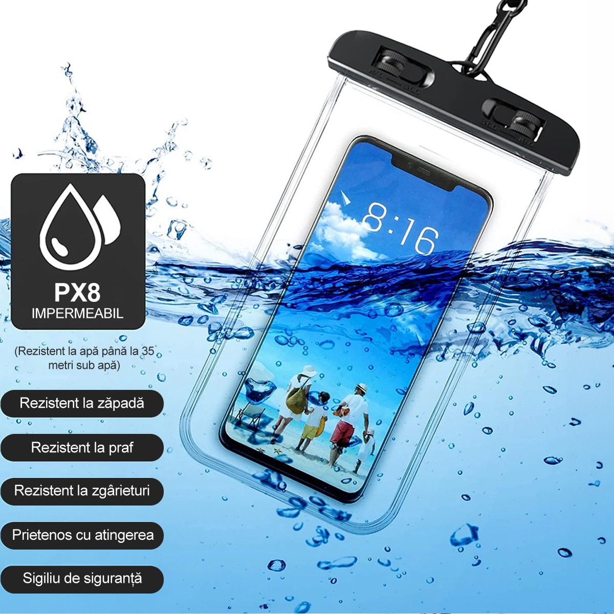 Set 2 Husa Impermeabila subacvatica Universala pentru Telefon (pana la 7 inch), Certificare IPX8, Protectie Subacvatica, Ecran Tactil Sensibil, Snur Inclus, Plaja/Piscina/Sporturi Acvatice, Protectie Apa/Nisip/Praf, Compatibila iPhone/Samsung, Negru